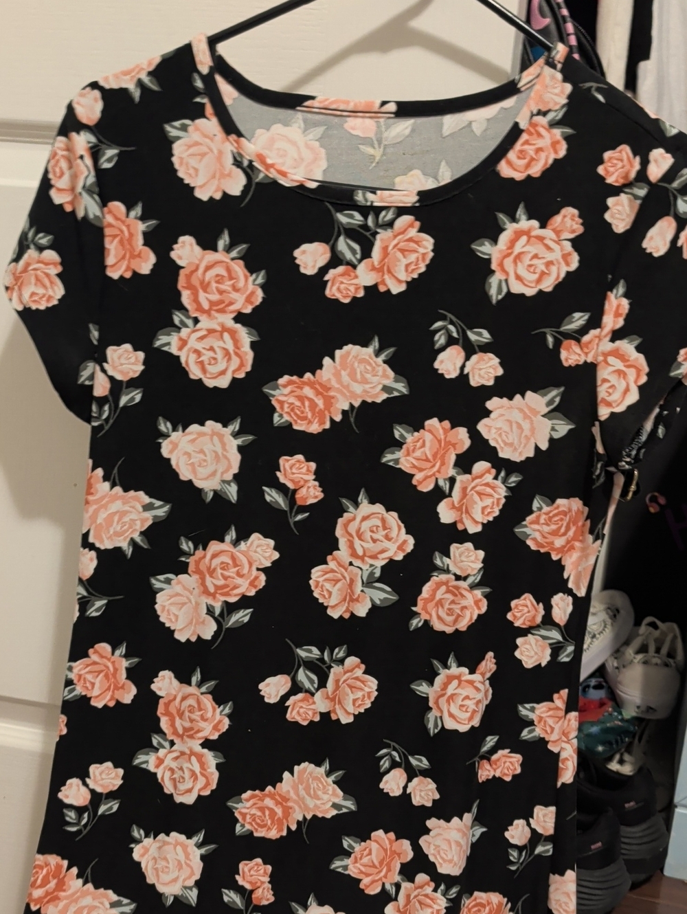 Floral Short-Sleeve Top in Black with Pink Roses
